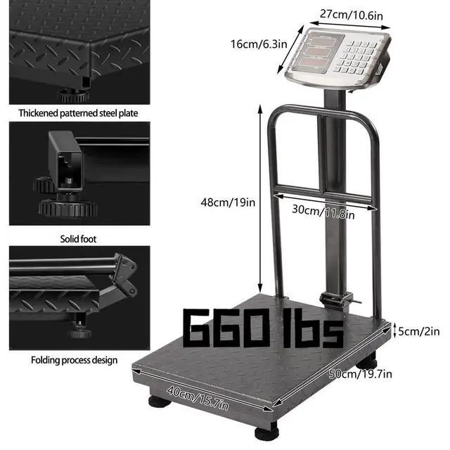 Alt view image 3 of 6 - 660lb Industrial Platform Scale with Removable Guardrail | Weight Computing Floor Digital Scale for Luggage, Postal, Shipping & Mailing Weighing (lb/kg)