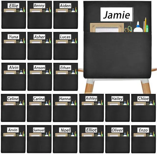 Main image of 24 PCS Chair Pockets for Classroom 20"x17", Seat Sacks for Classroom Chairs k-2, Student Chair Pockets with Name Tag Classroom Chair Organizer for Classroom Kindergarten School Home Seat Storage Black