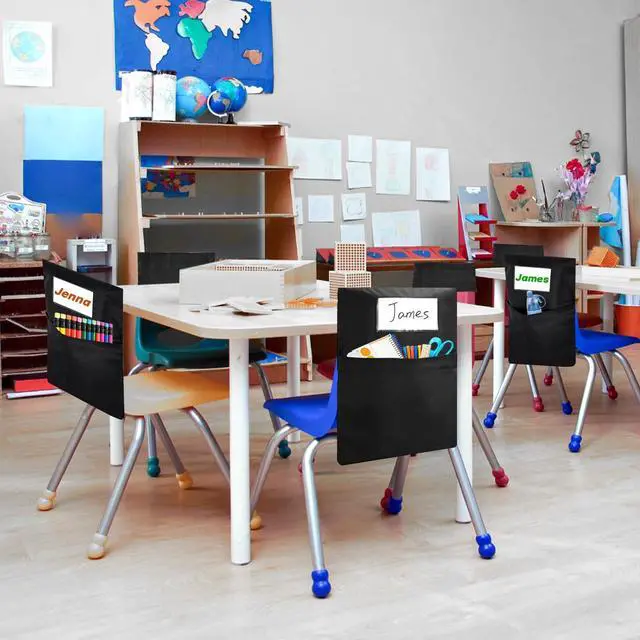 Alt view image 3 of 7 - 24 PCS Chair Pockets for Classroom 20"x17", Seat Sacks for Classroom Chairs k-2, Student Chair Pockets with Name Tag Classroom Chair Organizer for Classroom Kindergarten School Home Seat Storage Black