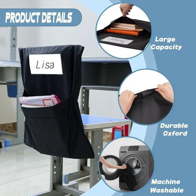 Alt view image 4 of 7 - 24 PCS Chair Pockets for Classroom 20"x17", Seat Sacks for Classroom Chairs k-2, Student Chair Pockets with Name Tag Classroom Chair Organizer for Classroom Kindergarten School Home Seat Storage Black