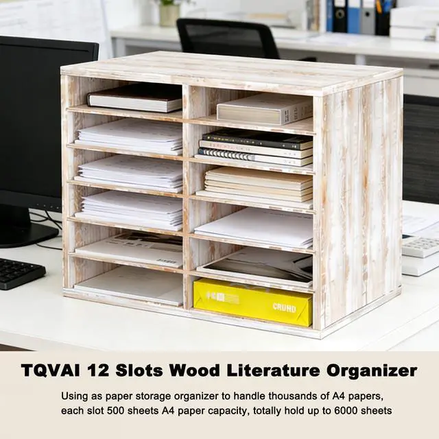 Alt view image 4 of 6 - Wood Literature Organizer, 12 Slots, Retro White | Holds 6000 Sheets A4 Papers, Adjustable Shelves, Mailbox Cubbies, For Office Home Classroom