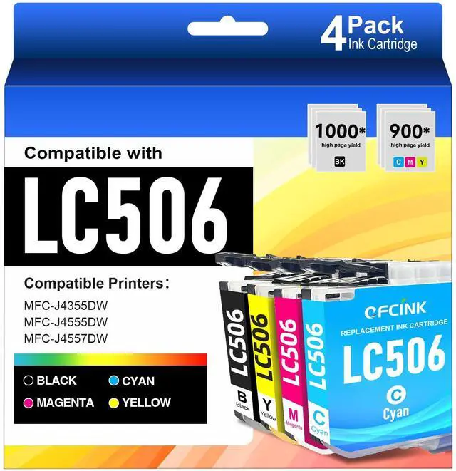 Main image of LC506 4-Pack Ink Cartridges Combo Pack Replacement for Brohter LC 506 506 High Yield Ink Cartridges Replacement for Brohter INKvestment 4355, 4555, and 4557 Printers, Black Cyan Magenta Yellow