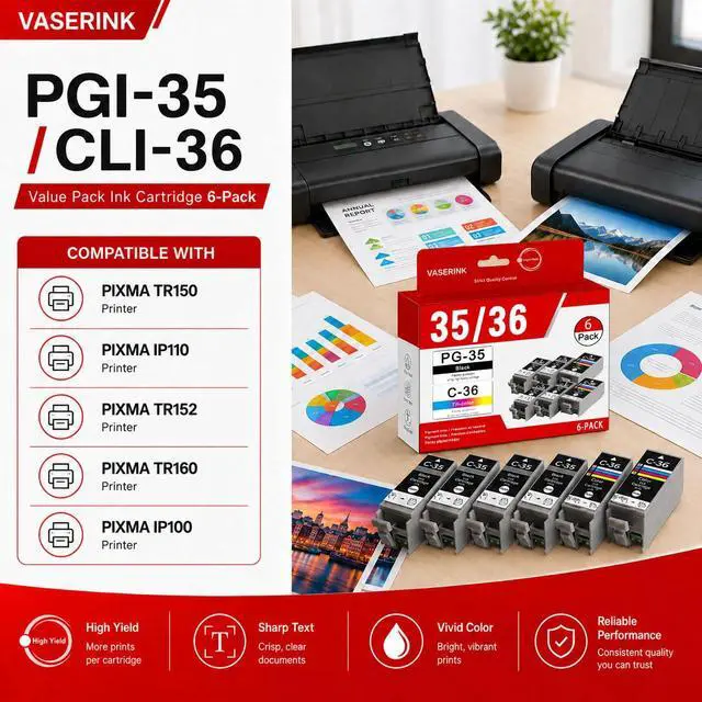 Alt view image 2 of 7 - PGI-35/CLI-36 Value Pack Ink Cartridge 6-Pack Replacement for Canon 35 36 | Compatible with PIXMA iP100 PIXMA iP110 PIXMA TR150 PIXMA TR160 Mini260 Mini320 Printer (4 Black, 2 Color)