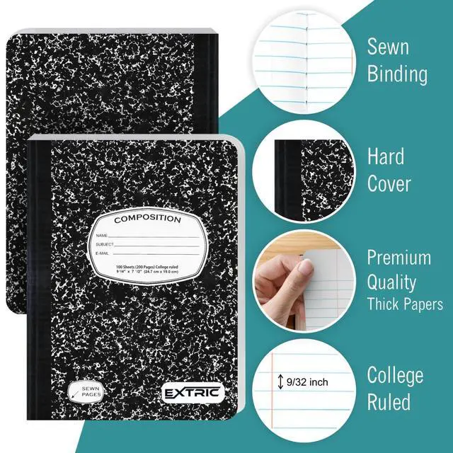 Alt view image 4 of 6 - Composition Notebook College Ruled 48 PK Bulk 200 Pages for School | Feature: No Bleed Pages, Ideal for: Students, Teachers, Binding: Sewn Composition Binding, Cover: Black Marble