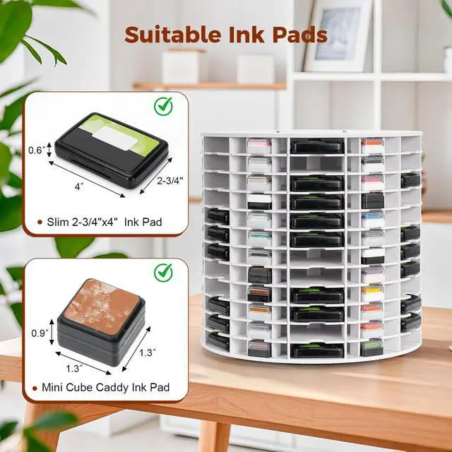 Alt view image 3 of 7 - Rotating Ink Pad Storage Organizer Rack, 72 Grids for Slim 2-3/4"x4" Ink Pads, 72 Grids for Mini Cube Caddy Ink Pads, Craft Stamp Pad Holder for Desktop
