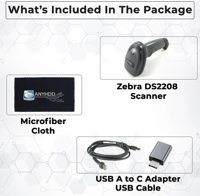 Alt view image 2 of 6 - DS2208-SR Handheld 2D Barcode Scanner Kit with USB Cable, USB-A to USB-C Adapter & Cleaning Cloth Wired Standard Range Imager, Black