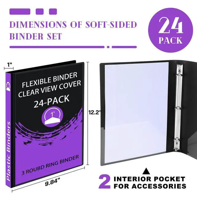 Alt view image 2 of 7 - 24 Pcs 3 Ring Plastic Binders Bulk with 2 Pockets Flexible Binder with Transparent View Cover Plastic Binder for Home Office(1 Inch,Black)
