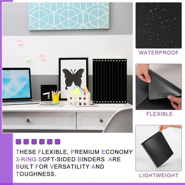 Alt view image 4 of 7 - 24 Pcs 3 Ring Plastic Binders Bulk with 2 Pockets Flexible Binder with Transparent View Cover Plastic Binder for Home Office(1 Inch,Black)