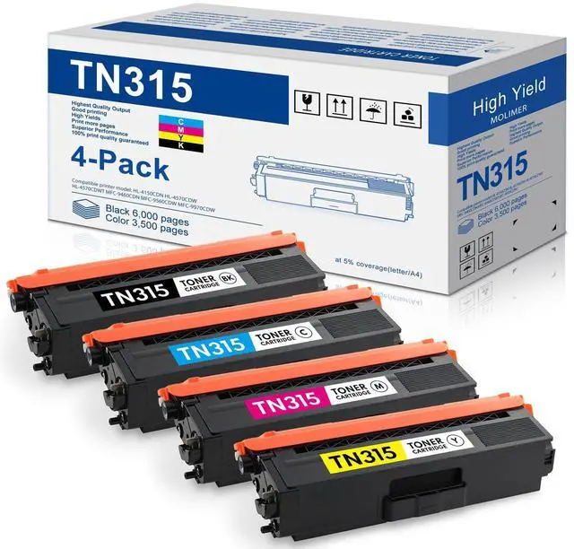 Main image of TN-315 BK/C/M/Y High Yield Toner Cartridge 4 Pack Compatible Replacement for Brother TN-315 TN315 TN310 MFC-9970CDW HL-4150CDN HL-4570CDW MFC-9460CDN MFC-9560CDW Printer