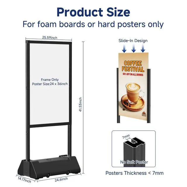 Alt view image 2 of 7 - Heavy Duty Sign Holder Stand, 24"x36" Poster Stand | Water-Fillable Base & Wheels, Aluminum Alloy, Portable Sidewalk Design, Outdoor Business Use, Frame Only