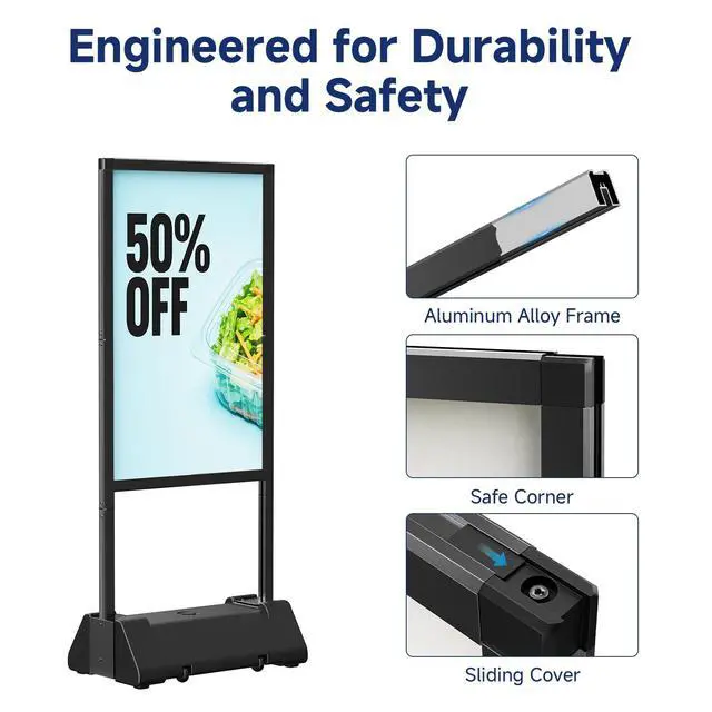 Alt view image 5 of 7 - Heavy Duty Sign Holder Stand, 24"x36" Poster Stand | Water-Fillable Base & Wheels, Aluminum Alloy, Portable Sidewalk Design, Outdoor Business Use, Frame Only