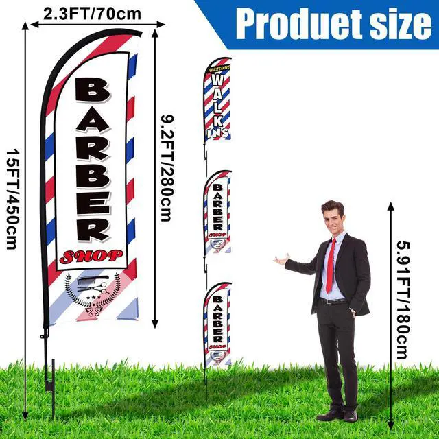 Alt view image 2 of 6 - 3 Sets 15 Ft Barber Shop Welcome Walk Ins Feather Flag Signs Barbershop Banner Swooper Flag with Flagpole Ground Stake Portable Bag for Salon Business Outdoor Advertising
