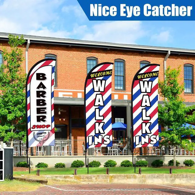 Alt view image 3 of 6 - 3 Sets 15 Ft Barber Shop Welcome Walk Ins Feather Flag Signs Barbershop Banner Swooper Flag with Flagpole Ground Stake Portable Bag for Salon Business Outdoor Advertising