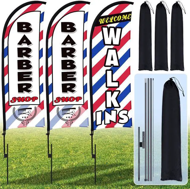 Main image of 3 Sets 15 Ft Barber Shop Welcome Walk Ins Feather Flag Signs Barbershop Banner Swooper Flag with Flagpole Ground Stake Portable Bag for Salon Business Outdoor Advertising