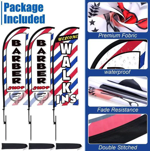 Alt view image 4 of 6 - 3 Sets 15 Ft Barber Shop Welcome Walk Ins Feather Flag Signs Barbershop Banner Swooper Flag with Flagpole Ground Stake Portable Bag for Salon Business Outdoor Advertising