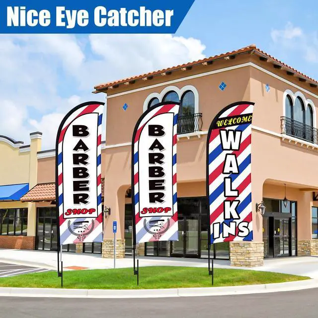 Alt view image 5 of 6 - 3 Sets 15 Ft Barber Shop Welcome Walk Ins Feather Flag Signs Barbershop Banner Swooper Flag with Flagpole Ground Stake Portable Bag for Salon Business Outdoor Advertising