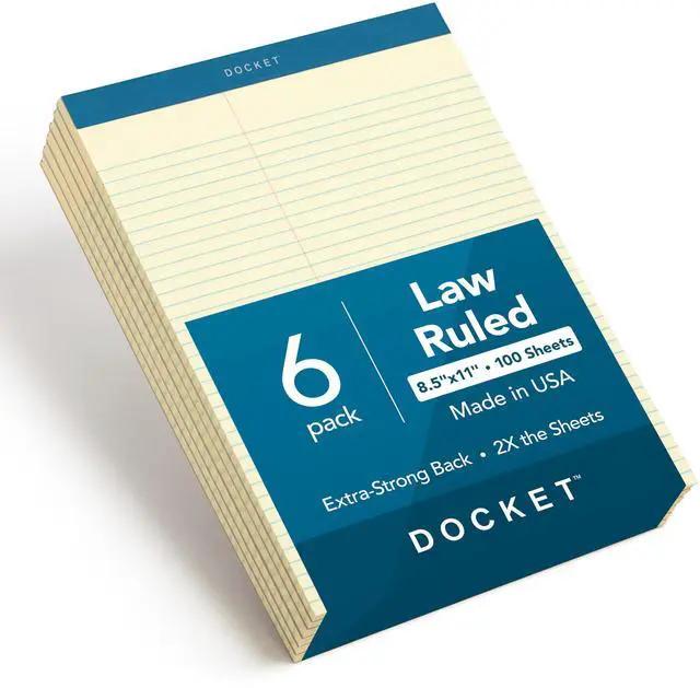Main image of Docket Legal Pads, 6 Pack, Premium Note Pads, 100 Law Ruled 8.5" x 11" Sheets, Canary Yellow Paper with Firm Back, Professional Legal & Office Notepads, 2X More Sheets, Proudly Made in the USA