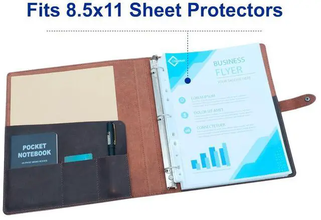 Alt view image 3 of 7 - Leather 3 Ring Binder, 1" Round Rings for 8.5"x11" Paper and Sheet Protectors, Interior Pockets & Snap Closure, Letter Size, Vintage Brown