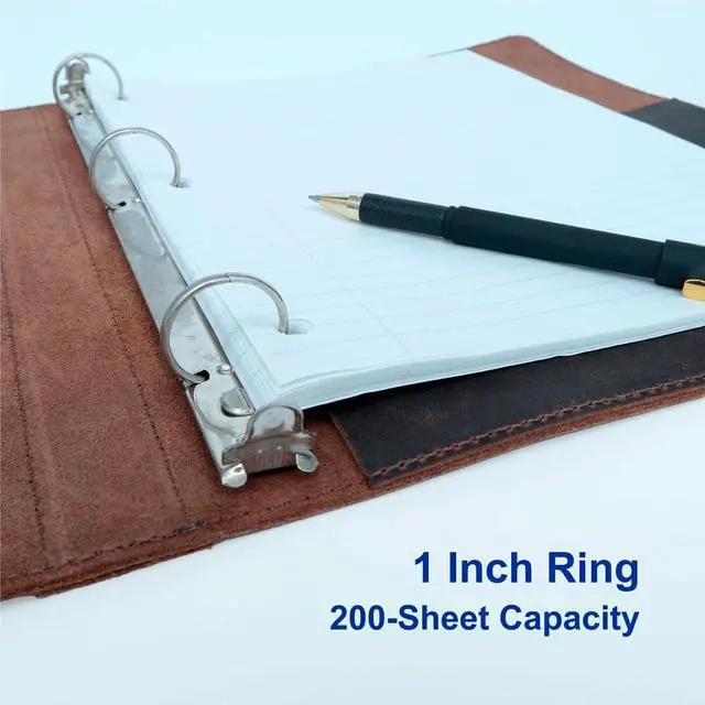 Alt view image 4 of 7 - Leather 3 Ring Binder, 1" Round Rings for 8.5"x11" Paper and Sheet Protectors, Interior Pockets & Snap Closure, Letter Size, Vintage Brown