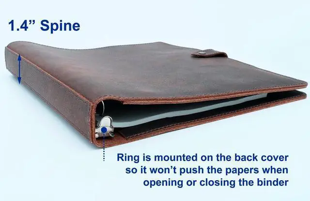 Alt view image 5 of 7 - Leather 3 Ring Binder, 1" Round Rings for 8.5"x11" Paper and Sheet Protectors, Interior Pockets & Snap Closure, Letter Size, Vintage Brown