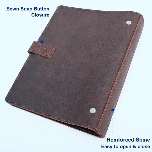 Alt view image 6 of 7 - Leather 3 Ring Binder, 1" Round Rings for 8.5"x11" Paper and Sheet Protectors, Interior Pockets & Snap Closure, Letter Size, Vintage Brown