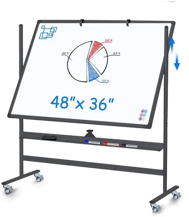 Main image of Rolling White Board on Wheels 48x36 in, Double-Sided Magnetic Black | Mobile Dry Erase Board with Stand, Aluminum Frame Easel, Reversible Writing Surface for Office, Classroom School Homeschool