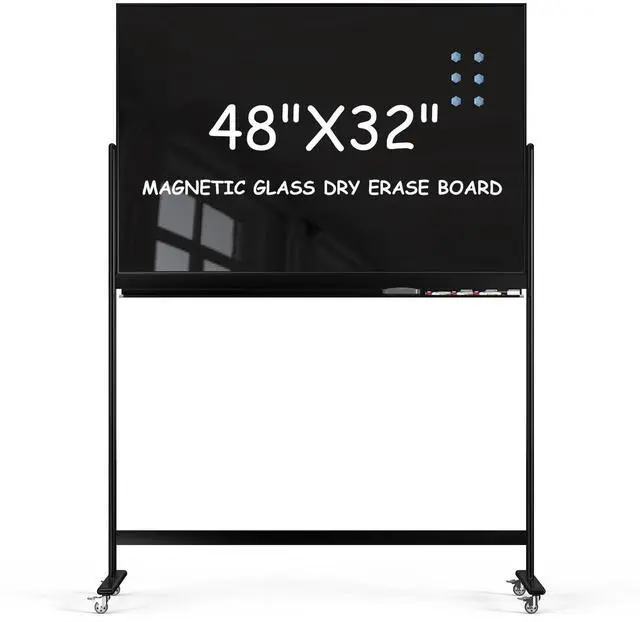 Main image of Rolling Whiteboard 48x32 Magnetic Glass Dry Erase Board on Wheels | Tempered Glass, Dry Erase, With Wheels, Free-Standing, Ideal for Office, Classroom, School, Home, Homeschooling
