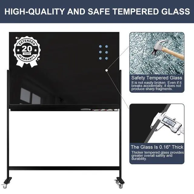 Alt view image 2 of 7 - Rolling Whiteboard 48x32 Magnetic Glass Dry Erase Board on Wheels | Tempered Glass, Dry Erase, With Wheels, Free-Standing, Ideal for Office, Classroom, School, Home, Homeschooling