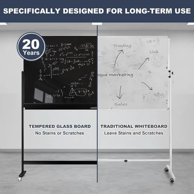 Alt view image 3 of 7 - Rolling Whiteboard 48x32 Magnetic Glass Dry Erase Board on Wheels | Tempered Glass, Dry Erase, With Wheels, Free-Standing, Ideal for Office, Classroom, School, Home, Homeschooling