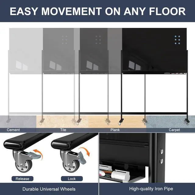 Alt view image 4 of 7 - Rolling Whiteboard 48x32 Magnetic Glass Dry Erase Board on Wheels | Tempered Glass, Dry Erase, With Wheels, Free-Standing, Ideal for Office, Classroom, School, Home, Homeschooling