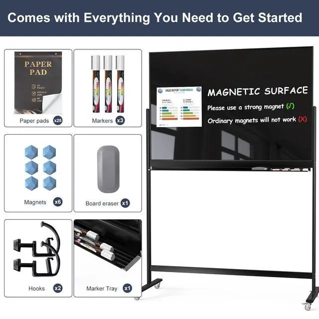Alt view image 5 of 7 - Rolling Whiteboard 48x32 Magnetic Glass Dry Erase Board on Wheels | Tempered Glass, Dry Erase, With Wheels, Free-Standing, Ideal for Office, Classroom, School, Home, Homeschooling