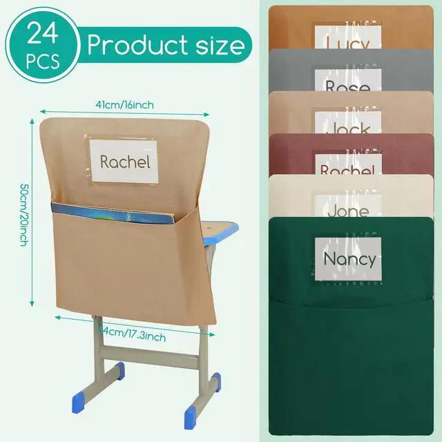 Alt view image 2 of 6 - 24 Pack Chair Pockets for Classroom, 20 x 17 Inch Student Chair Pouches with 24 Name Tags, Canvas Seat Back Organizers for Scoop and Standard Chairs, Back to School Classroom Storage(Brown)