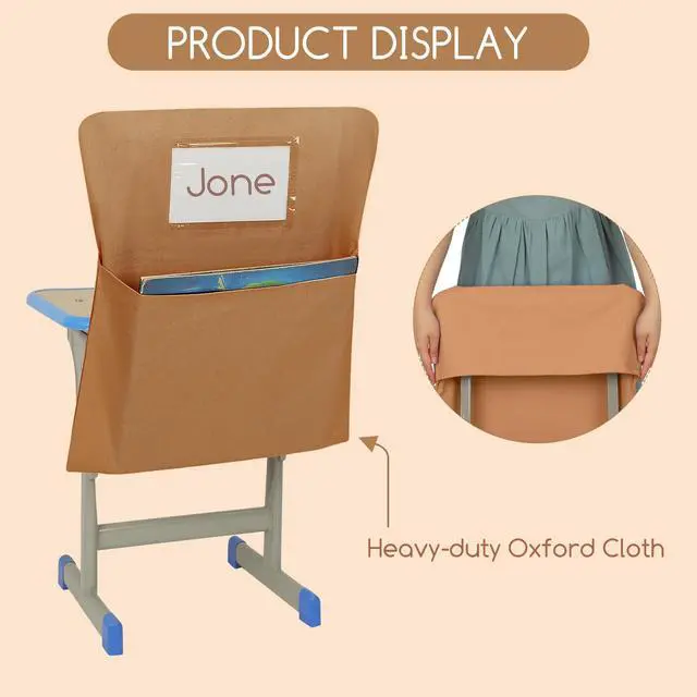 Alt view image 3 of 6 - 24 Pack Chair Pockets for Classroom, 20 x 17 Inch Student Chair Pouches with 24 Name Tags, Canvas Seat Back Organizers for Scoop and Standard Chairs, Back to School Classroom Storage(Brown)