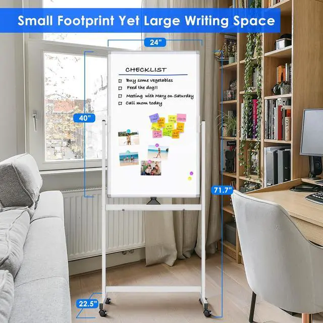 Alt view image 2 of 7 - Magnetic Mobile White Board, 40 x 24 Double Sided Dry Erase Board Rolling Whiteboard Aluminum Frame Standing Whiteboard on Wheels