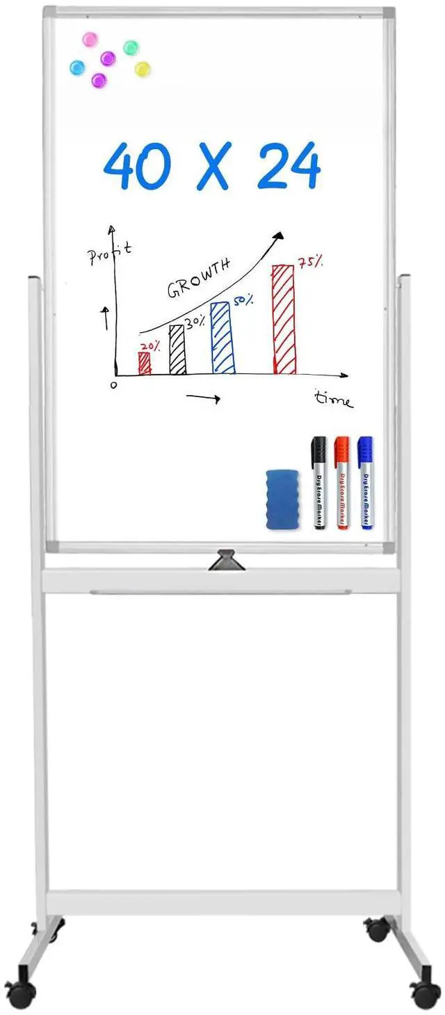 Main image of Magnetic Mobile White Board, 40 x 24 Double Sided Dry Erase Board Rolling Whiteboard Aluminum Frame Standing Whiteboard on Wheels