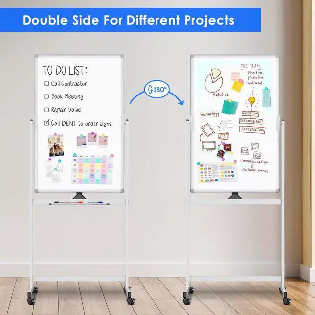 Alt view image 4 of 7 - Magnetic Mobile White Board, 40 x 24 Double Sided Dry Erase Board Rolling Whiteboard Aluminum Frame Standing Whiteboard on Wheels