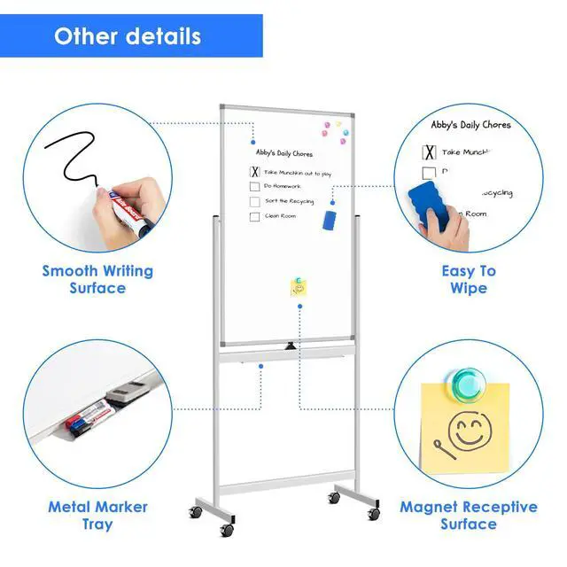 Alt view image 5 of 7 - Magnetic Mobile White Board, 40 x 24 Double Sided Dry Erase Board Rolling Whiteboard Aluminum Frame Standing Whiteboard on Wheels
