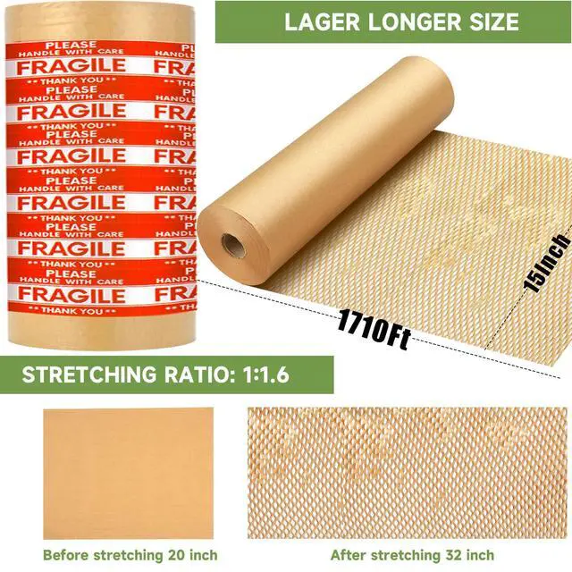 Alt view image 7 of 7 - Honeycomb Packing Paper Wrap 15''x20520" (1710 ft), Substitute Alternative for Bubble Cushioning Wrap for Moving Shipping Packaging, Recyclable Moving Supplies with 48 Fragile Sticker Labels