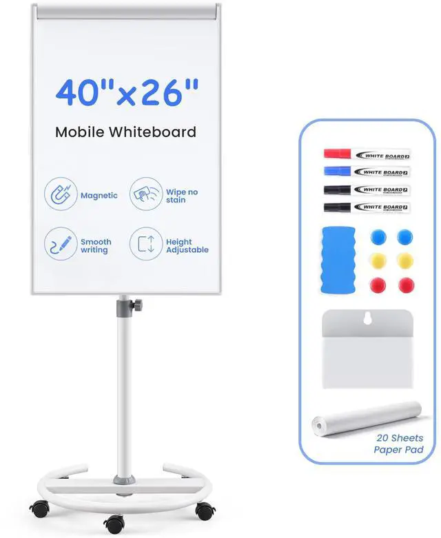 Main image of Mobile Whiteboard 40x26 in, Flip Chart, Dry Erase Board on Wheels | 4'x2', Magnetic, Adjustable Height, Magnetic Pen Holder, Dry Erase, Rolling Whiteboard, Teachers & Classroom, Home, Office