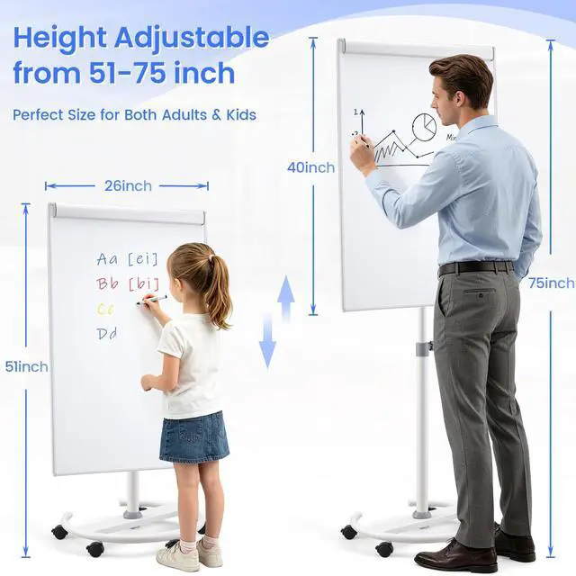 Alt view image 2 of 7 - Mobile Whiteboard 40x26 in, Flip Chart, Dry Erase Board on Wheels | 4'x2', Magnetic, Adjustable Height, Magnetic Pen Holder, Dry Erase, Rolling Whiteboard, Teachers & Classroom, Home, Office