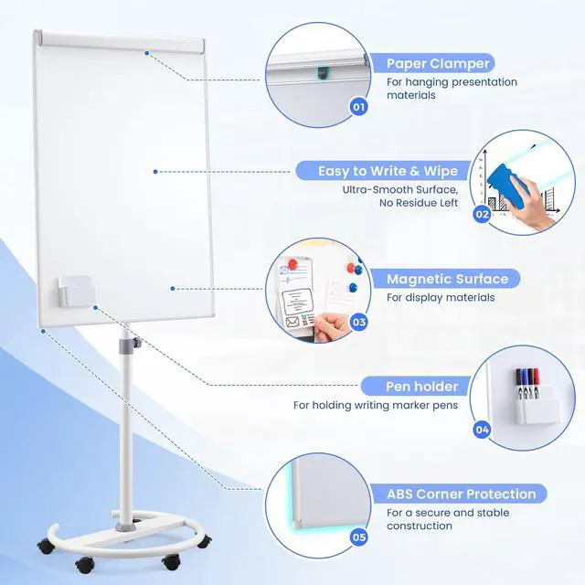 Alt view image 3 of 7 - Mobile Whiteboard 40x26 in, Flip Chart, Dry Erase Board on Wheels | 4'x2', Magnetic, Adjustable Height, Magnetic Pen Holder, Dry Erase, Rolling Whiteboard, Teachers & Classroom, Home, Office