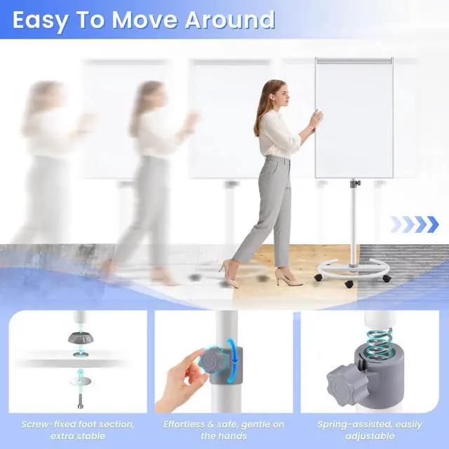 Alt view image 5 of 7 - Mobile Whiteboard 40x26 in, Flip Chart, Dry Erase Board on Wheels | 4'x2', Magnetic, Adjustable Height, Magnetic Pen Holder, Dry Erase, Rolling Whiteboard, Teachers & Classroom, Home, Office