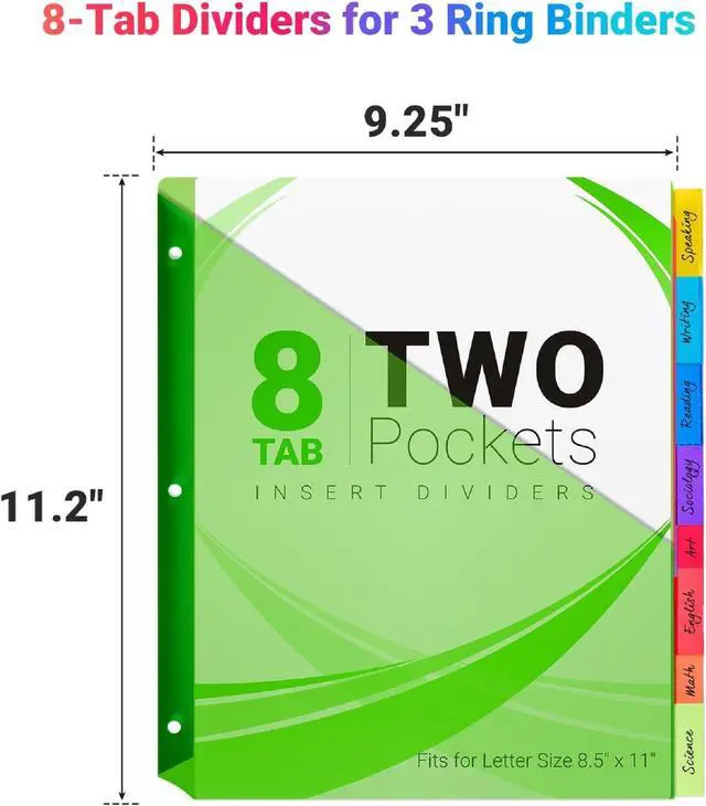 Alt view image 2 of 7 - 8-Tab Dividers for 3-Ring Binders, 3 Holes Index Dividers with 2 Pockets, Insertable 8 Tabs Binder Divider for 1/2''/1''/2''/3'' inch Binders, 8 Colors (24)