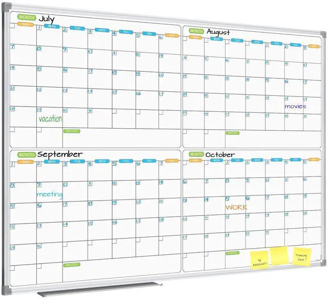Main image of Magnetic Dry Erase Calendar Whiteboard, 4 Month White Board Planner 48 X 36 Inch, Silver Aluminum Frame Wall Mounted Board for Office Home and School