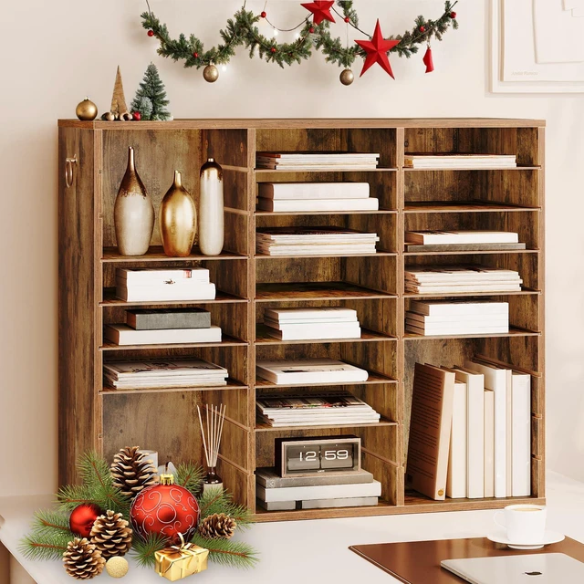 Alt view image 2 of 7 - Literature Organizer, 27 Compartments Wooden Mail Organizer, Countertop Literature Sorter with Adjustable Shelves for Home, Office, School, Student Mailbox for Classroom, Rustic Brown FG27WF01