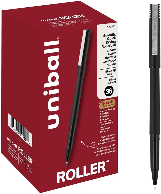 Main image of uniball Roller Rollerball Pens, Micro Point (0.5mm), Black, 72 Pack | Quick-drying precise strokes, acid-free archival ink, protects against water, fading & fraud, 80% recycled materials