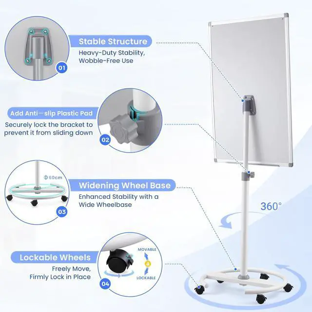 Alt view image 4 of 7 - Mobile Whiteboard 40x26 in, Flip Chart, Dry Erase Board on Wheels | 4'x2', Magnetic, Adjustable Height, Magnetic Pen Holder, Dry Erase, Rolling Whiteboard, Teachers & Classroom, Home, Office