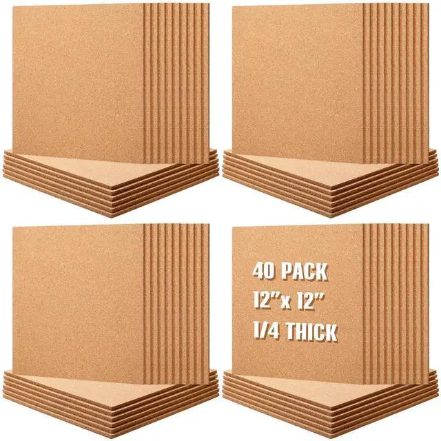 Main image of 40 Pack Cork Board Square 12" x 12", 1/4" Thick Cork Board Tiles Bulk for Wall Self Adhesive Bulletin Corkboards Tiles Sheet for Wall School Office Home Decoration