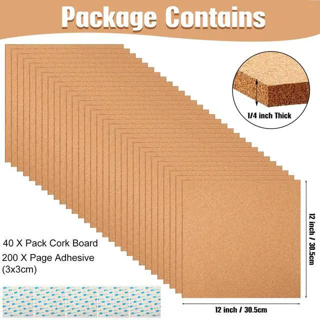 Alt view image 2 of 7 - 40 Pack Cork Board Square 12" x 12", 1/4" Thick Cork Board Tiles Bulk for Wall Self Adhesive Bulletin Corkboards Tiles Sheet for Wall School Office Home Decoration