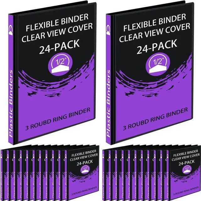 Main image of 24 Pcs 3 Ring Plastic Binders Bulk with 2 Pockets Flexible Binder with Transparent View Cover Plastic Binder for Home Office(1/2 Inch,Black)